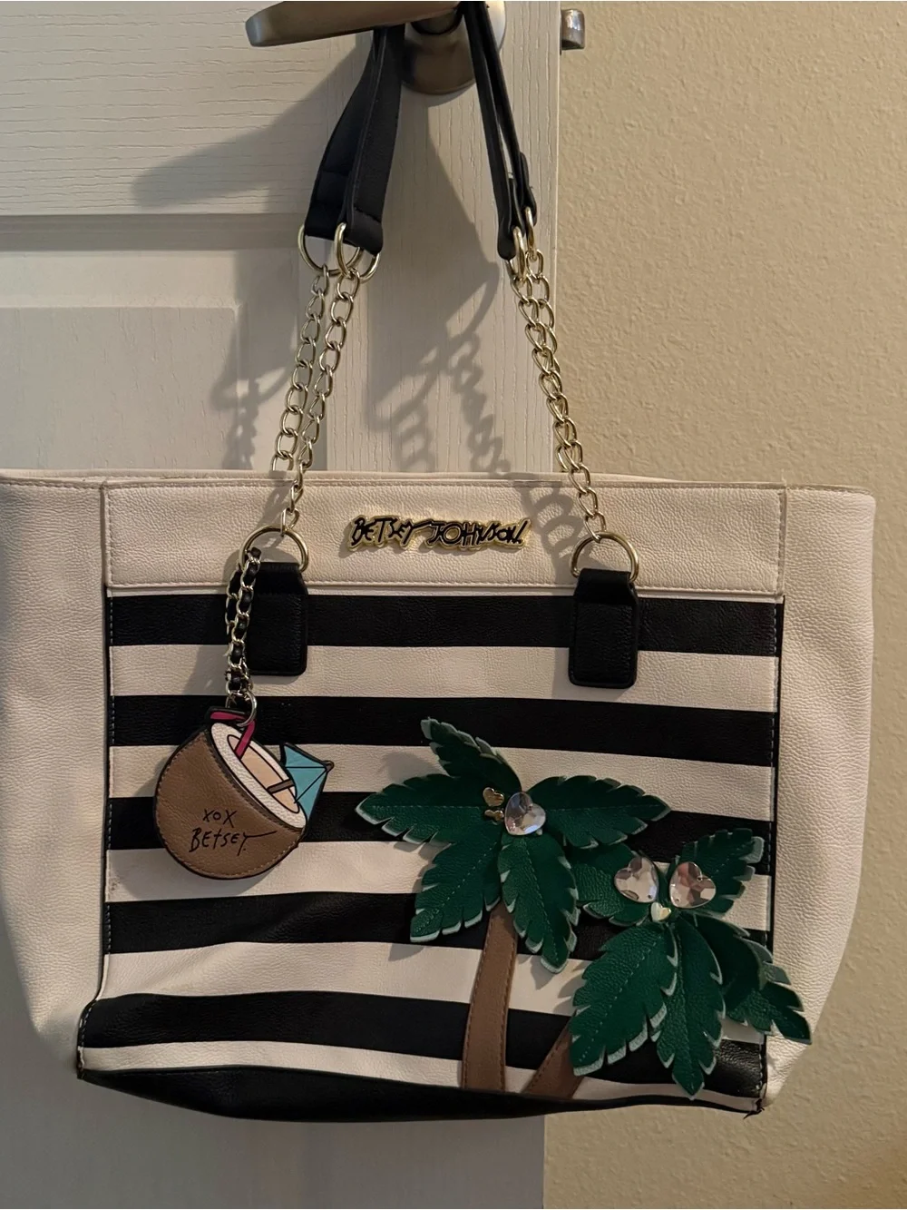 Betsey Johnson Black & White Striped Tote with Green Palm Appliqué